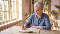Senior Caucasian woman with gray hair writing in notebook at home by sunny window, peaceful morning routine for journaling and personal reflection.