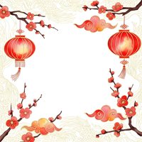 Chinese New Year frame with red lanterns, plum blossoms and clouds on white background. Traditional Asian holiday border design for greeting cards and decorations.