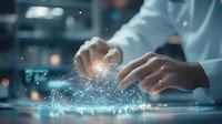 Digital transformation concept with hands interacting with glowing network connections and data visualization on transparent glass tablet in modern office space.