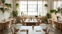 Bright modern office workspace with natural wood furniture, multiple potted plants, large windows with sheer curtains, and minimalist decor for contemporary workplace design.