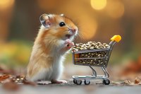 Cute hamster pushing tiny shopping cart filled with seeds against blurred golden bokeh background, humorous concept of animal shopping and gathering food.