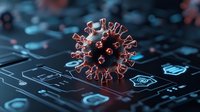Microscopic virus cell floating over digital circuit board with glowing blue technology icons, representing cybersecurity and digital health threats.