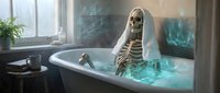 Skeleton figure soaking in glowing turquoise bathtub with towel, surreal bathroom scene with window and plants for fantasy art.