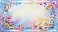 Watercolor pet frame with playful cats, fish, paw prints and hearts on pastel background. Copy space for text, invitations or pet-related designs.