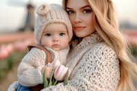 Young woman with long blonde hair wearing knit sweater holds baby in matching white knitted hat and sweater, holding pink tulips, warm outdoor portrait.