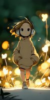Anime character in oversized hoodie wearing headphones walks through magical glowing lights with musical notes floating around, creating dreamy atmosphere.