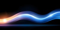 Glowing neon wave with blue and orange light effect on black background, abstract dynamic motion design element for modern technology backgrounds.