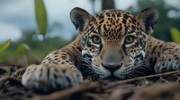 Close up portrait of jaguar with intense blue eyes lying on ground, showing spotted coat pattern and fierce predator gaze in natural habitat environment.