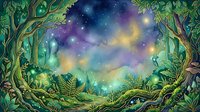 Enchanted forest clearing with glowing magical sky, starlight, and mystical atmosphere for fantasy, gaming, and creative design projects.