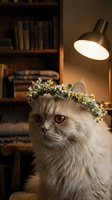 White fluffy cat wearing daisy flower crown in cozy home library with warm desk lamp lighting, perfect for pet and lifestyle content.