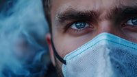 Close up portrait of young man wearing protective face mask with intense blue eyes in moody lighting surrounded by smoke or fog atmosphere.