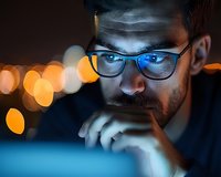 Caucasian man in glasses illuminated by blue light from screen, focused expression with bokeh lights in background, working late at night on computer.