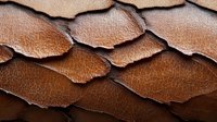 Cracked brown leather texture with rough edges and layered pattern showing natural wear and aging. Macro photography reveals detailed surface structure.