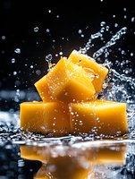 Fresh mango cubes with water splash and droplets on dark background with reflection, dynamic food photography with freeze motion effect.