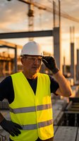 Senior construction worker in safety vest and hard hat at building site during golden hour sunset for industrial projects.