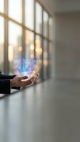 Businessman hand displaying holographic digital icons in modern office with natural lighting for technology and innovation concepts.