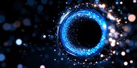 Glowing blue circular portal with sparkling particles and bokeh effects on dark background creates mystical cosmic atmosphere for fantasy designs.