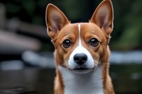 Adorable brown and white Basenji dog portrait with alert expression and perked ears looking directly at camera against blurred outdoor background.