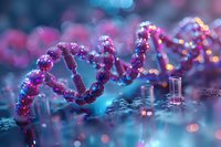 Glowing DNA helix structure with purple and blue bokeh lights on reflective surface, scientific molecular background for genetics and biotechnology research.