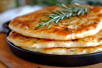 Fresh baked flatbread with rosemary herbs and olive oil served in cast iron pan, golden brown crust with aromatic seasonings, close up view of homemade bread.