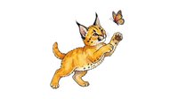 Playful golden lynx kitten with spotted coat jumping and reaching toward orange butterfly, isolated on white background for design use.