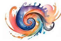 Vibrant watercolor spiral with dynamic swirling waves in coral, blue, and purple hues creates fluid motion effect on white background, suitable for modern abstract design.