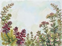 Watercolor botanical frame with succulents and wildflowers on textured paper background for wedding invitations and greeting cards.