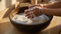 Hands washing with soap and water in wooden bowl on rustic table. Personal hygiene and cleanliness concept for health and wellness campaigns.