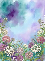 Watercolor floral frame with delicate flowers on purple and turquoise background for wedding invitations, greeting cards and romantic designs.