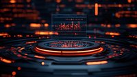 Futuristic digital trading platform with glowing orange circles and financial chart hologram against dark background, modern technology visualization.