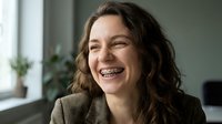 Professional businesswoman with braces smiling confidently in modern office environment, representing dental care and workplace success.