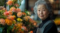 Senior Asian woman florist arranging orange chrysanthemum flowers in shop, elderly female business owner working with autumn blooms in flower store.