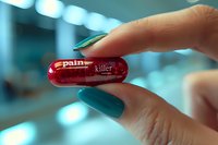 Female hand with turquoise manicure holding red transparent medical capsule against blurred background with bokeh lights. Healthcare concept.