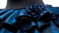 Elegant dark blue satin fabric folded in luxurious waves and ruffles with rose-like decorative element, creating dramatic shadows and texture on black background.