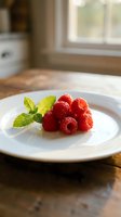 Fresh red raspberries with mint leaves arranged on white plate in bright kitchen setting, ideal for food and beverage design projects.