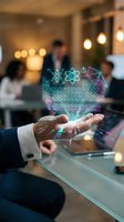 Businessman holding holographic periodic table with atom and molecular symbols above hand in modern office environment with colleagues and warm lighting.
