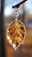 Golden crystal leaf pendant with diamond accents hanging from branch, sparkling in sunlight against blurred natural background, macro jewelry photography.