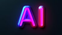 Glowing neon AI text in vibrant pink and blue colors on dark background, modern technology concept for artificial intelligence and machine learning.