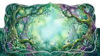 Enchanted forest watercolor frame with glowing trees, lush greenery, and magical light, forming an arch for text or design use.