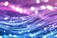 Abstract flowing waves in purple and blue gradient with glowing bokeh lights and sparkling elements creating dreamy atmospheric background.