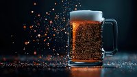 Frothy beer mug with golden liquid and floating bubbles against dark background, dramatic lighting creates magical atmosphere with sparkling bokeh effects.