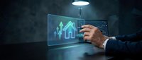 Businessman touching holographic real estate interface with house icon and growth charts on futuristic transparent display for property investment analysis.