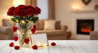 Red roses bouquet in crystal vase with scattered petals and blank card on white table, cozy living room with fireplace background for romantic occasions.