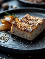 Grilled sesame-crusted halibut fillet served on dark plate with roasted vegetables and herbs. Close-up macro shot with selective focus on fish texture.