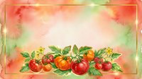 Watercolor tomatoes and yellow flowers with green leaves on soft red and cream background, suitable for culinary designs and garden-themed projects.
