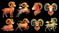 Ornate Aries ram zodiac set with decorative floral patterns in red and gold, isolated on transparent background. Great for stickers, T-shirts, and print on demand.