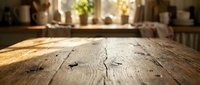 Rustic wooden table surface with natural grain and cracks in focus, blurred kitchen interior background with plants and furniture for home decor.