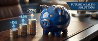 Young professional male analyzing financial growth with stacked coins and blue piggy bank on desk, representing investment planning and wealth management strategies.