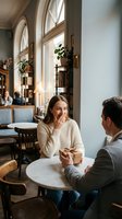 Young Caucasian woman covering mouth in surprise as man presents gift box across cafe table during romantic date in cozy bookstore setting with natural light.
