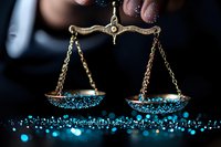 Vintage brass balance scales with glowing blue sparkles and magical dust scattered on dark background, creating mystical atmosphere for law and justice concept.